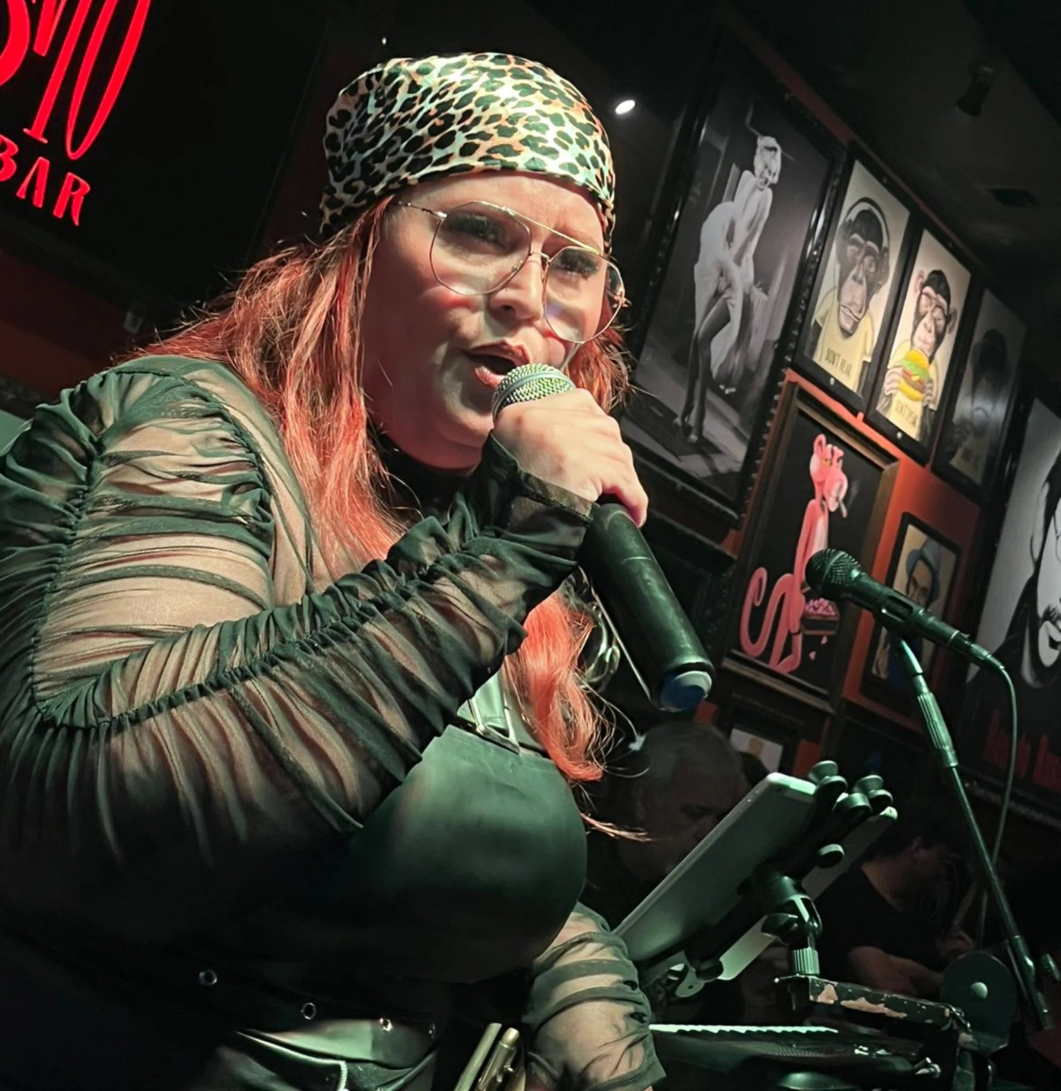 Vanessa Souto cantando ao microfone durante um show da Meteoros