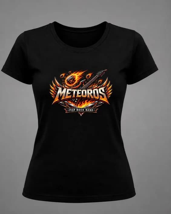 Camiseta preta de modelagem feminina com o brasão da Meteoros estampado no peito